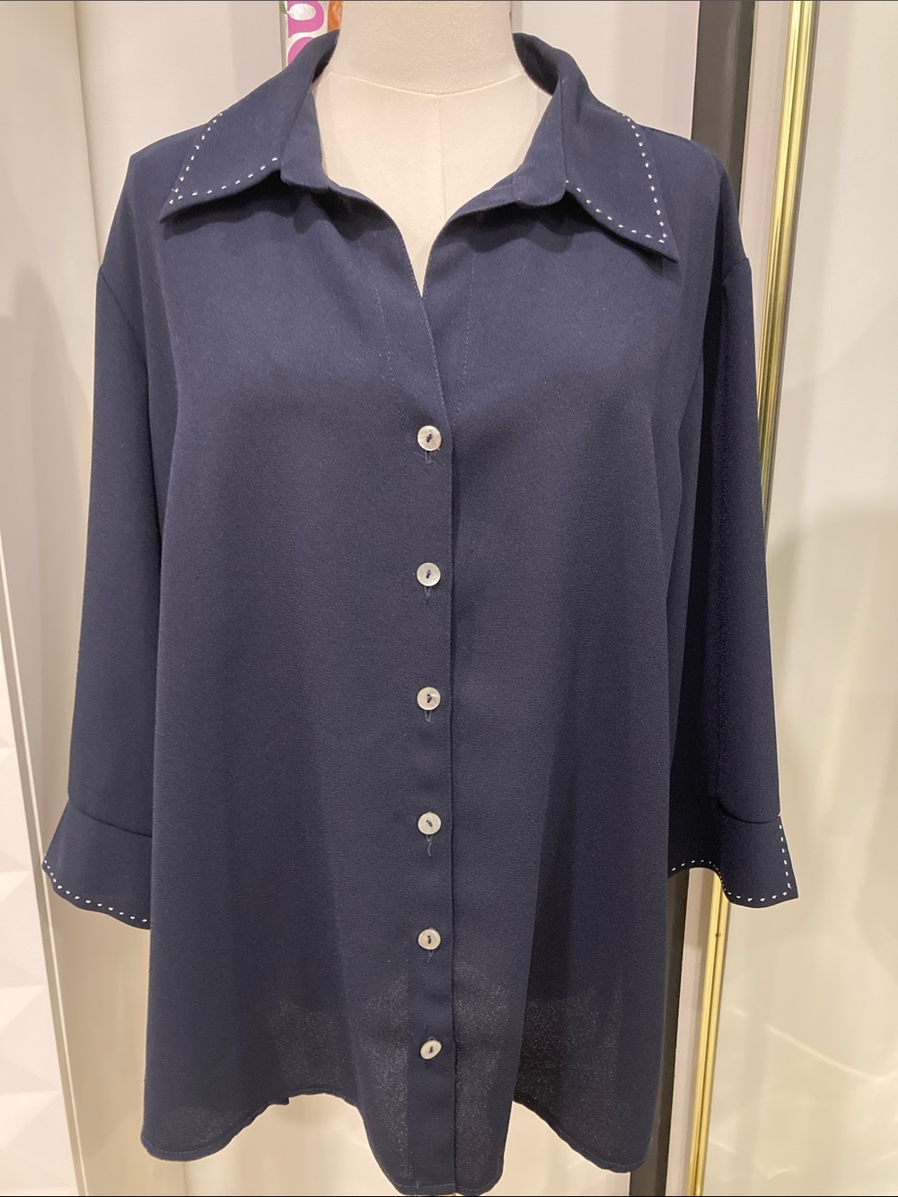 Navy Button-Front Collared Blouse with Stud Trim